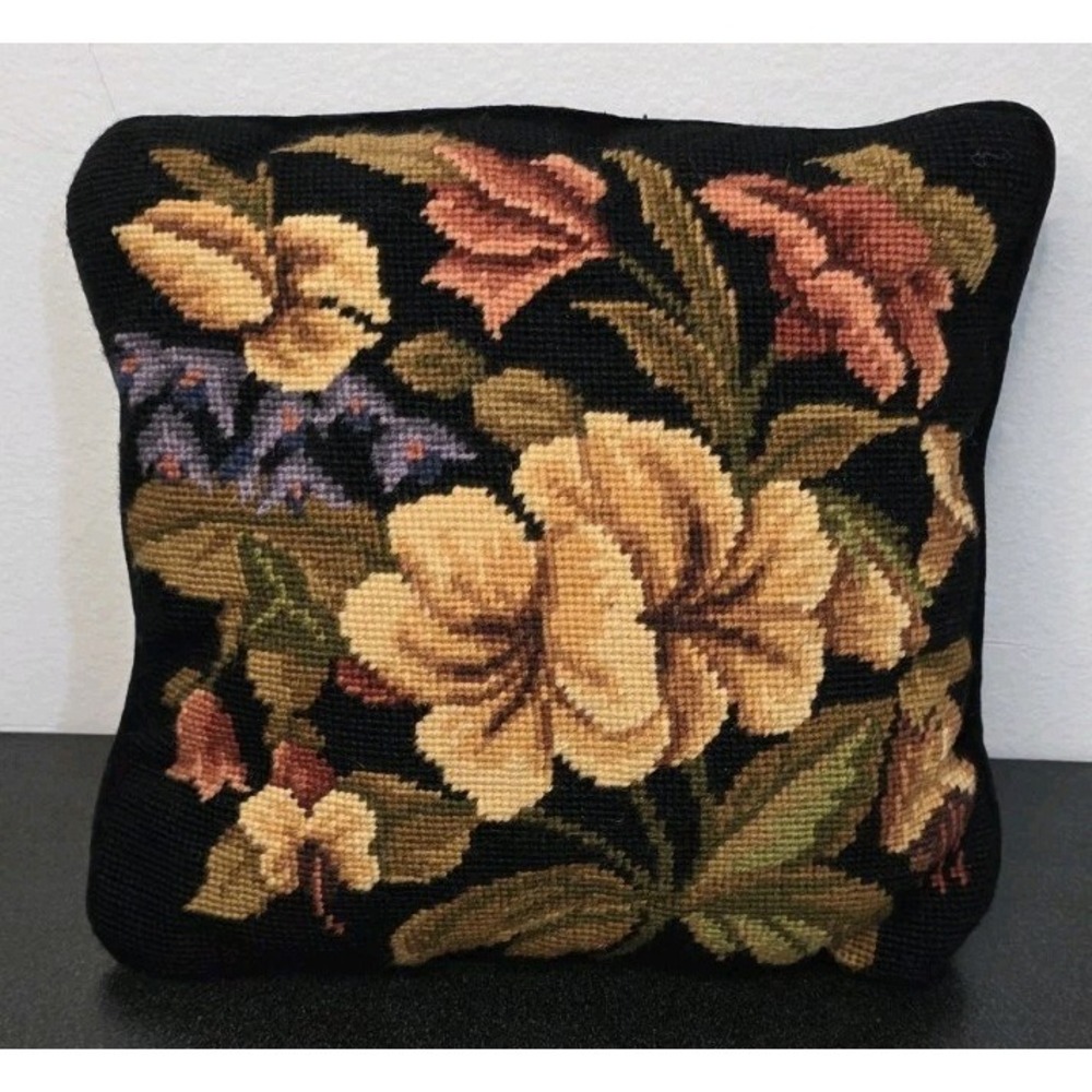 Floral Needlepoint Pillow Black Velvet‎ Back Zip Cover 100% Wool Cottagecore